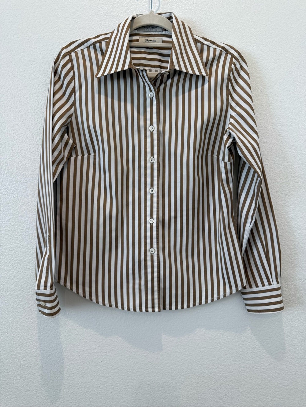 Faconnable blouse top white brown stripe size S 100% cotton fitted natural fiber